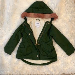 Old Navy Green Parka Jacket With Pink Fur Trim